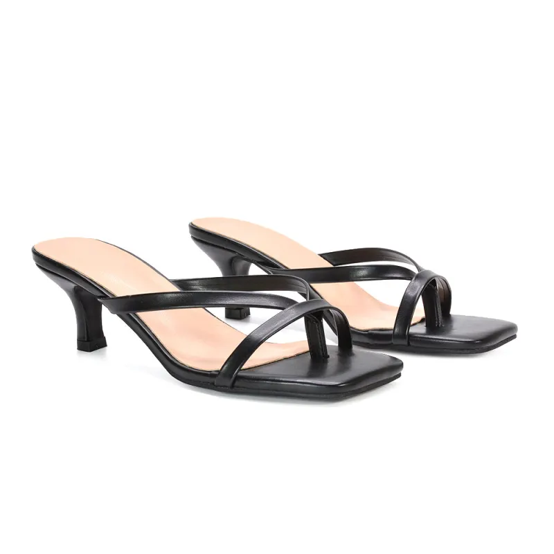 Tiana Slip On Mid Kitten Heel Mules Square Toe Heeled Sandals in Black Synthetic Leather sold by XYlondon
