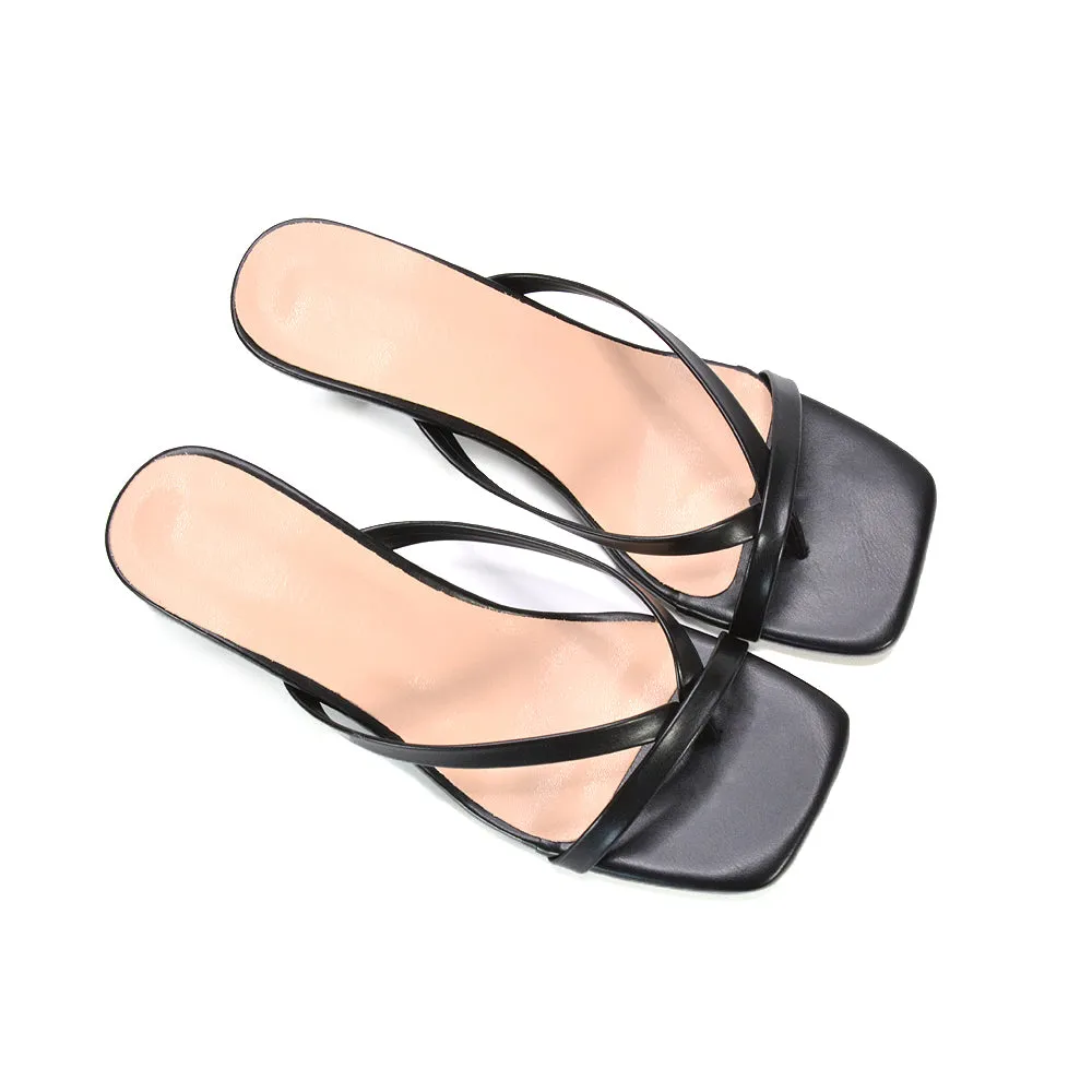 Tiana Slip On Mid Kitten Heel Mules Square Toe Heeled Sandals in Black Synthetic Leather sold by XYlondon product image thumbnail 3