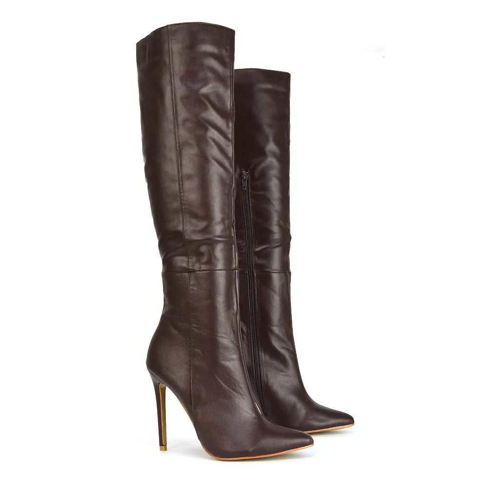 Nora Pointed Toe Zip Fastening Knee High Stiletto Heel Long Boots in Brown Synthetic Leather sold by XYlondon