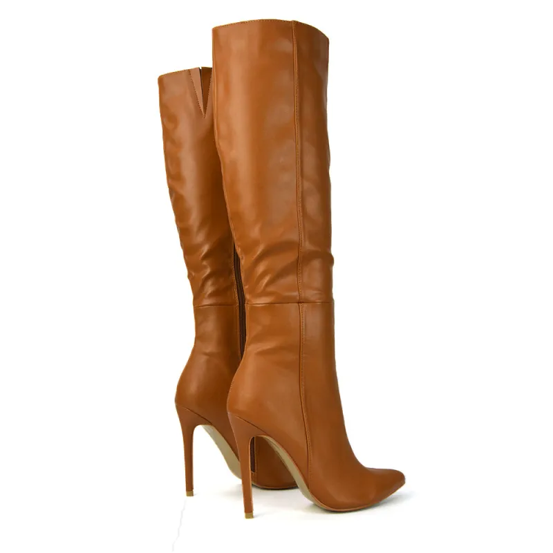 Nora Pointed Toe Zip Fastening Knee High Stiletto High Heel Long Boots in Taupe sold by XYlondon