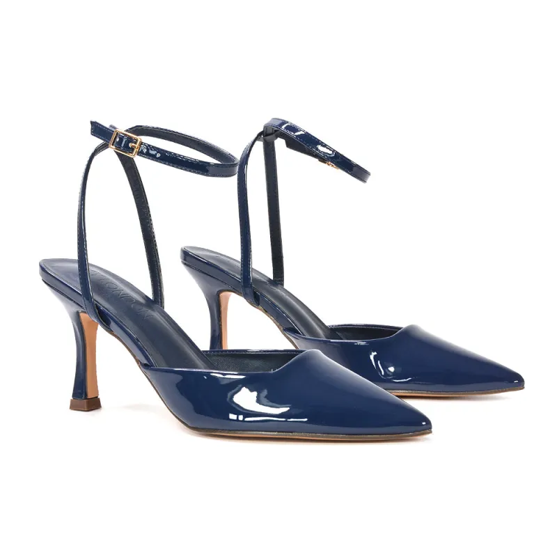 Tori  Point Toe High Heel Stiletto Court Shoes With Ankle Strap in Navy Patent sold by XYlondon