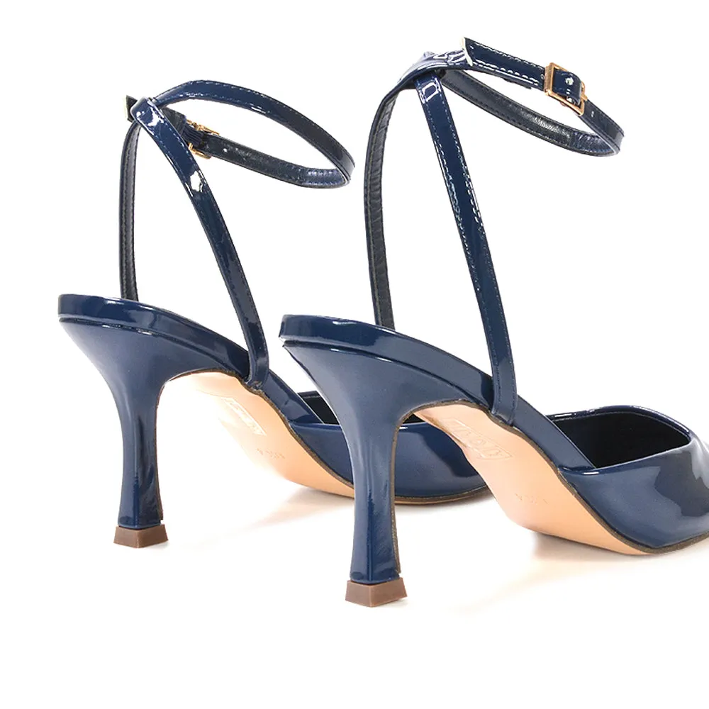 Tori Point Toe High Heel Stiletto Court Shoes With Ankle Strap in Navy Patent sold by XYlondon product image thumbnail 3