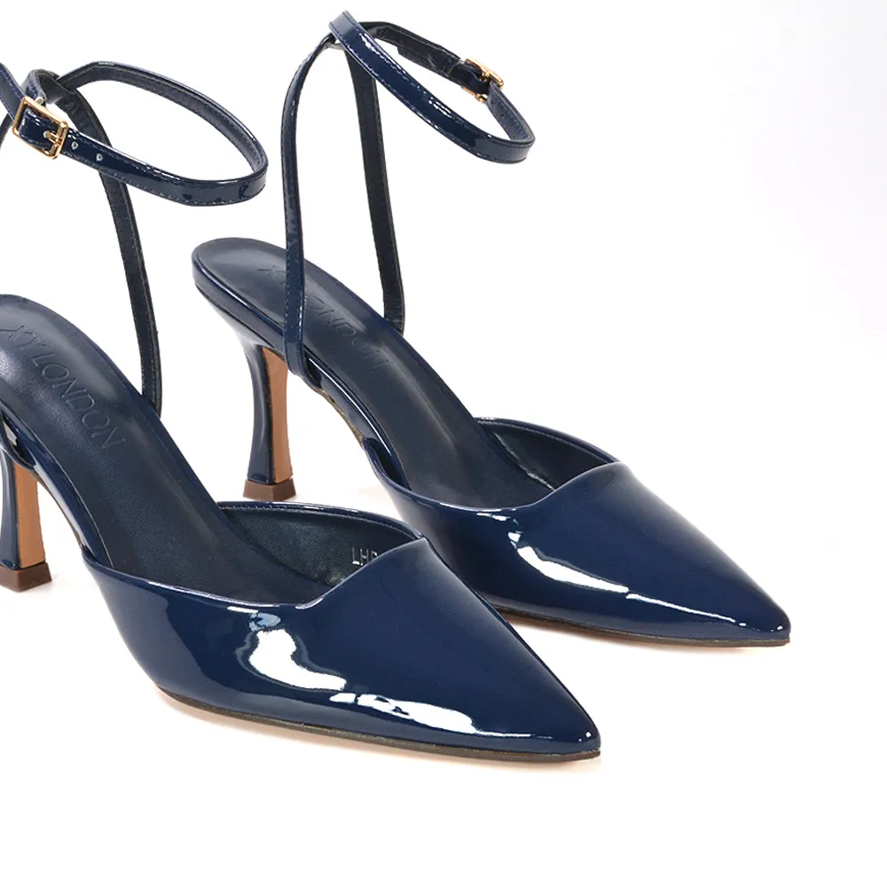Tori Point Toe High Heel Stiletto Court Shoes With Ankle Strap in Navy Patent sold by XYlondon product image thumbnail 2