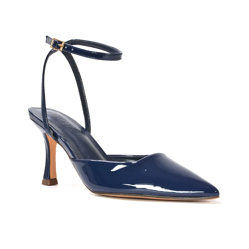 Tori Point Toe High Heel Stiletto Court Shoes With Ankle Strap in Navy Patent sold by XYlondon product image thumbnail 5