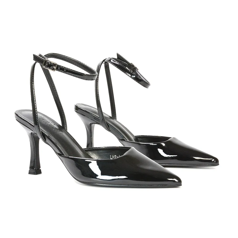 Tori Point Toe High Heel Stiletto Court Shoes With Ankle Strap in Black Patent sold by XYlondon