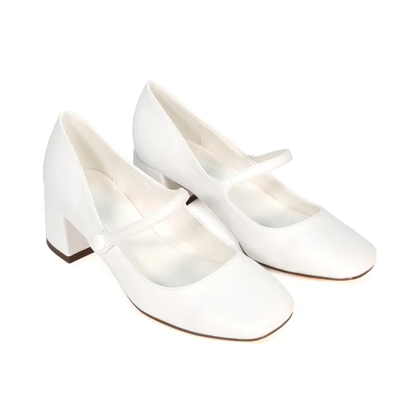 Rhea Mid Block Heel Closed Toe Mary Jane Shoes With Strap in White Synthetic Leather made by XYlondon