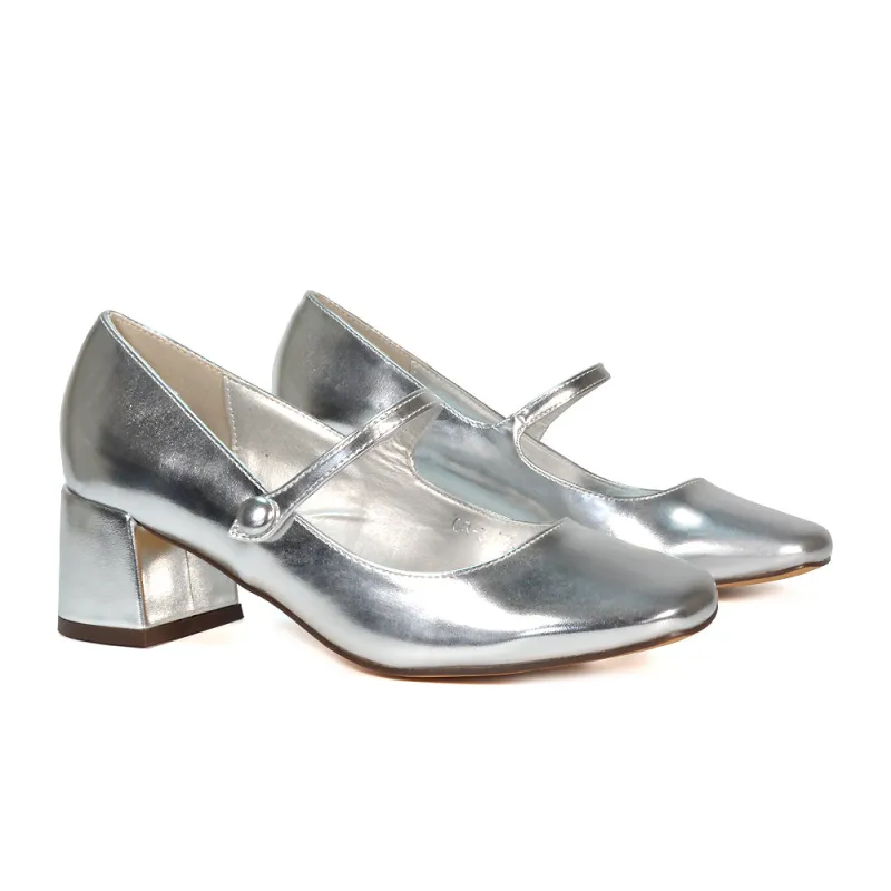 Rhea Mid Block Heel Closed Toe Mary Jane Shoes With Strap in Silver Metallic made by XYlondon