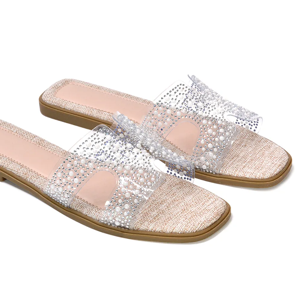 Mae Rhinestone Slip On Flat Sandal Sparkly Summer Slides in Nude sold by XYlondon product image thumbnail 2