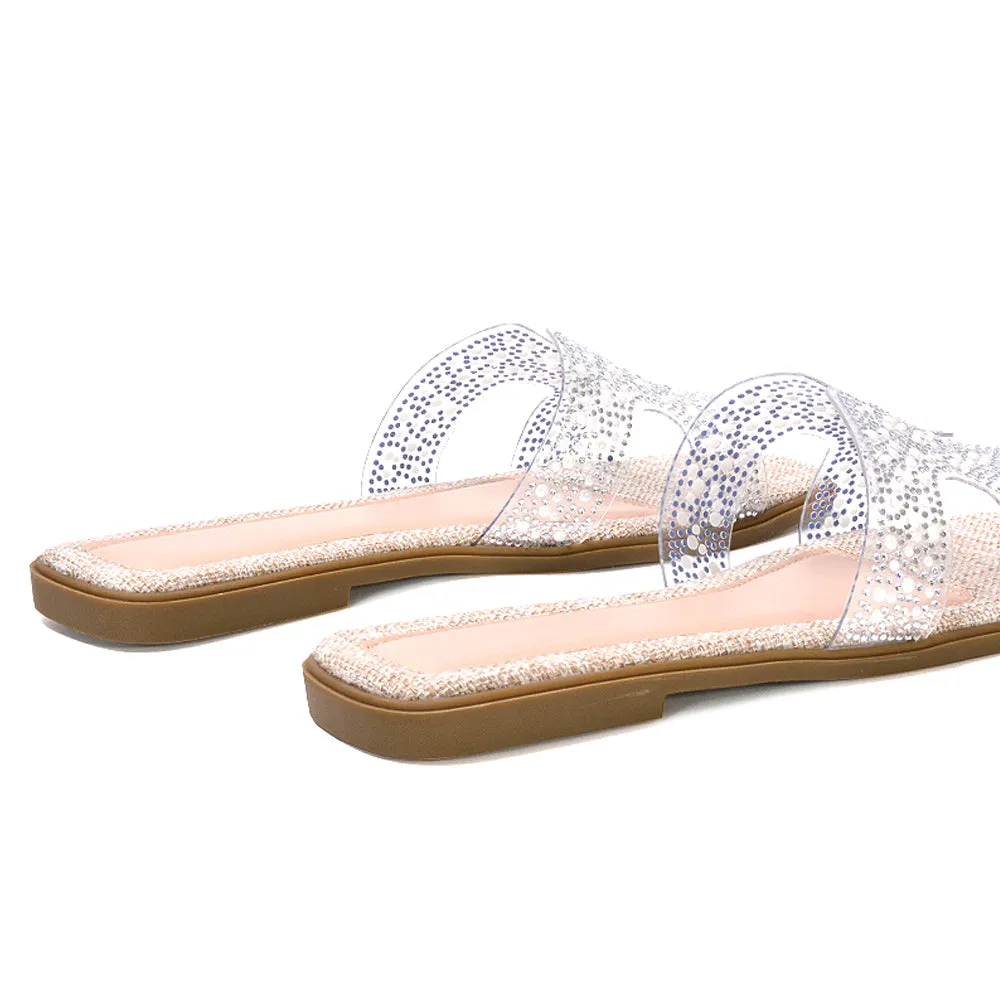 Mae Rhinestone Slip On Flat Sandal Sparkly Summer Slides in Nude sold by XYlondon product image thumbnail 4