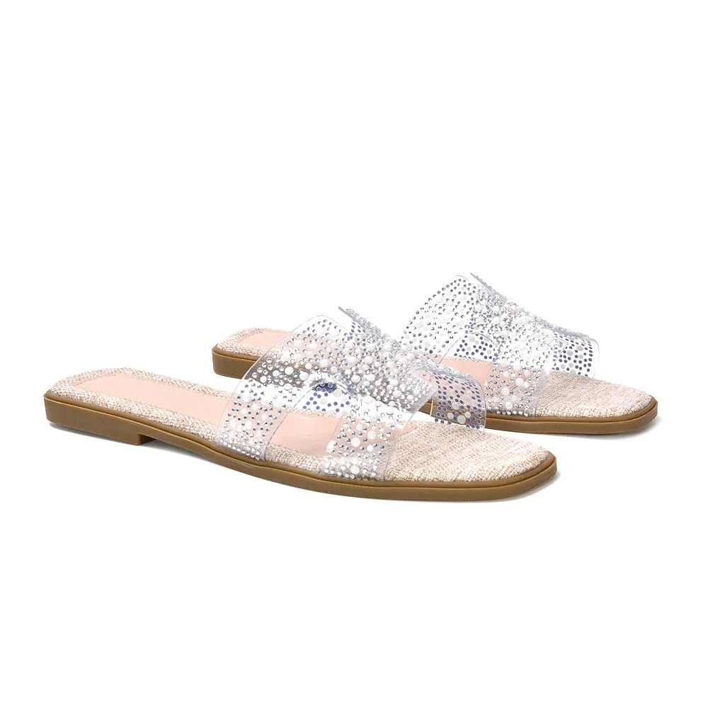 Mae Rhinestone Slip On Flat Sandal Sparkly Summer Slides in Nude sold by XYlondon
