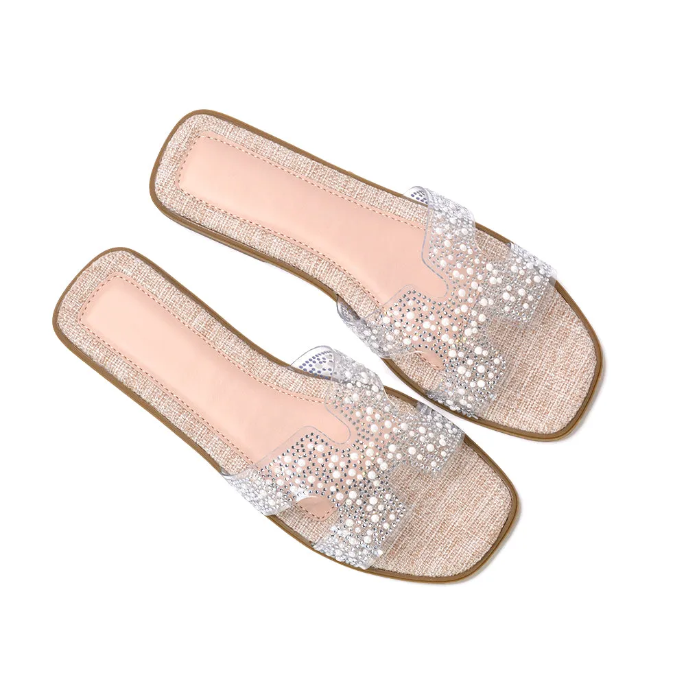 Mae Rhinestone Slip On Flat Sandal Sparkly Summer Slides in Nude sold by XYlondon product image thumbnail 3