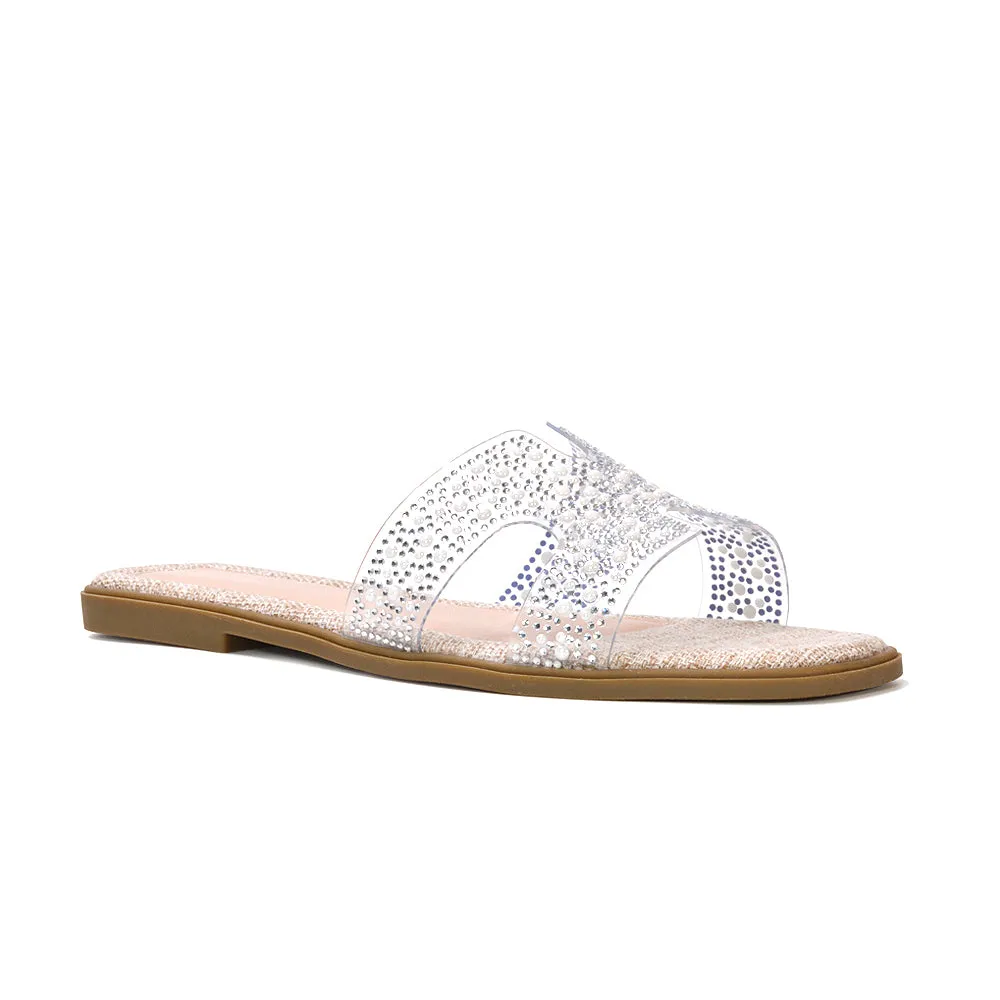 Mae Rhinestone Slip On Flat Sandal Sparkly Summer Slides in Nude sold by XYlondon product image thumbnail 5