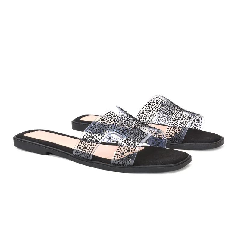 Mae Rhinestone Slip On Flat Sandal Sparkly Summer Slides in Black sold by XYlondon