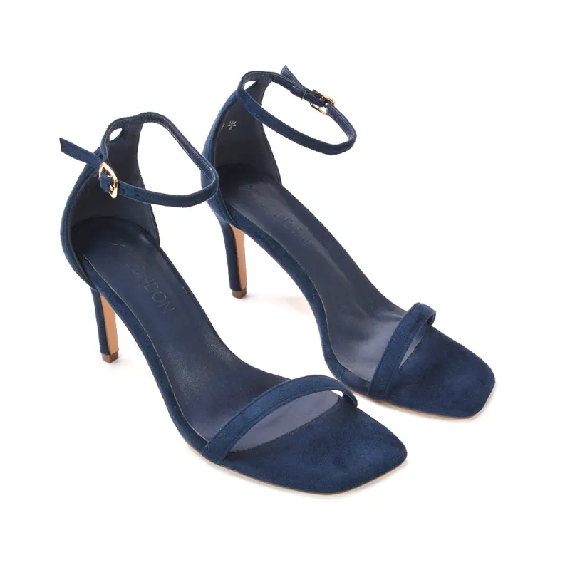 Emma Square Toe Stiletto High Heel Summer Sandals With Ankle Strap in Navy Faux Suede sold by XYlondon