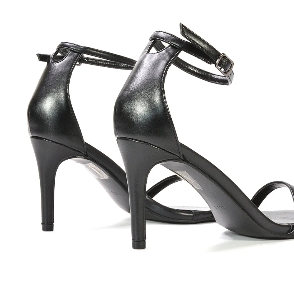 Emma Square Toe Stiletto High Heel Summer Sandals With Ankle Strap in Black Synthetic Leather sold by XYlondon product image thumbnail 2
