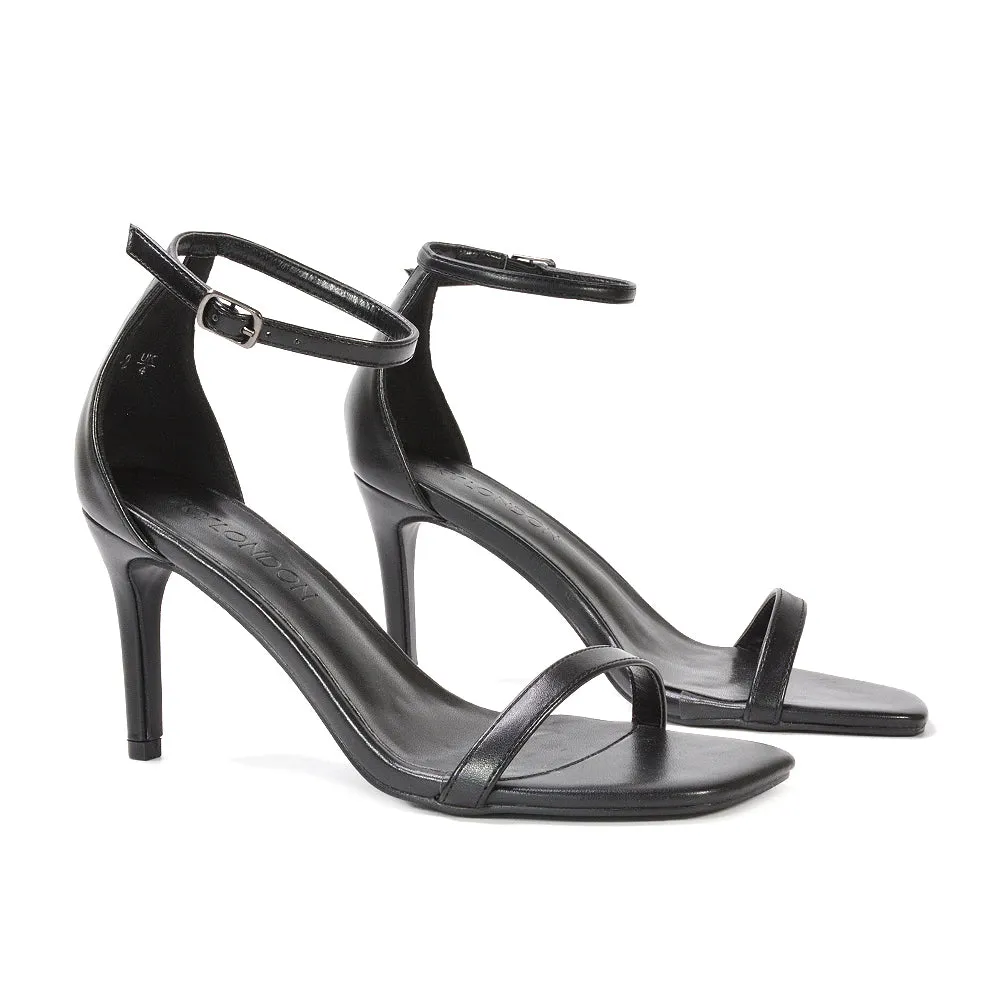 Emma Square Toe Stiletto High Heel Summer Sandals With Ankle Strap in Black Synthetic Leather sold by XYlondon product image thumbnail 3