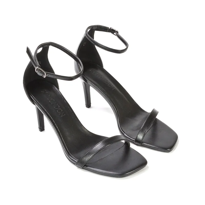 Emma Square Toe Stiletto High Heel Summer Sandals With Ankle Strap in Black Synthetic Leather sold by XYlondon