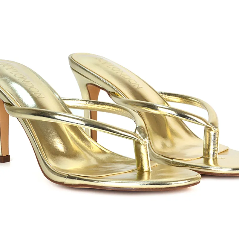 Lisa Stiletto High Heel Slip On Flip Flop Heeled Sandal Mules in Gold Metallic sold by XYlondon