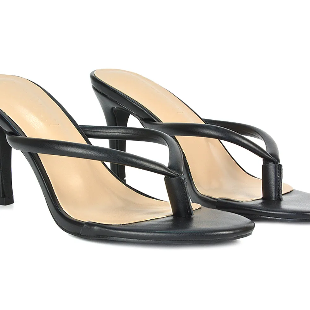 Lisa Stiletto High Heel Slip On Flip Flop Heeled Sandal Mules in Black Synthetic Leather sold by XYlondon