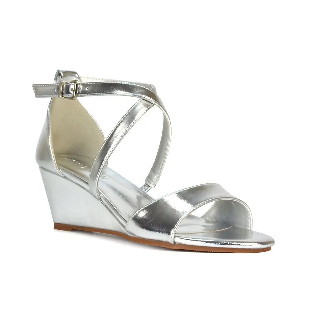 Lily Wedge Heel Ankle Strap Summer Holiday Sandals in Silver Metallic sold by XYlondon product image thumbnail 5