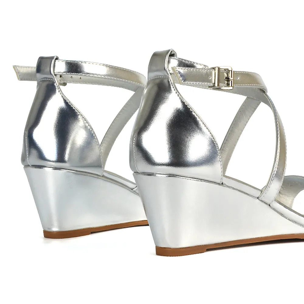 Lily Wedge Heel Ankle Strap Summer Holiday Sandals in Silver Metallic sold by XYlondon product image thumbnail 3