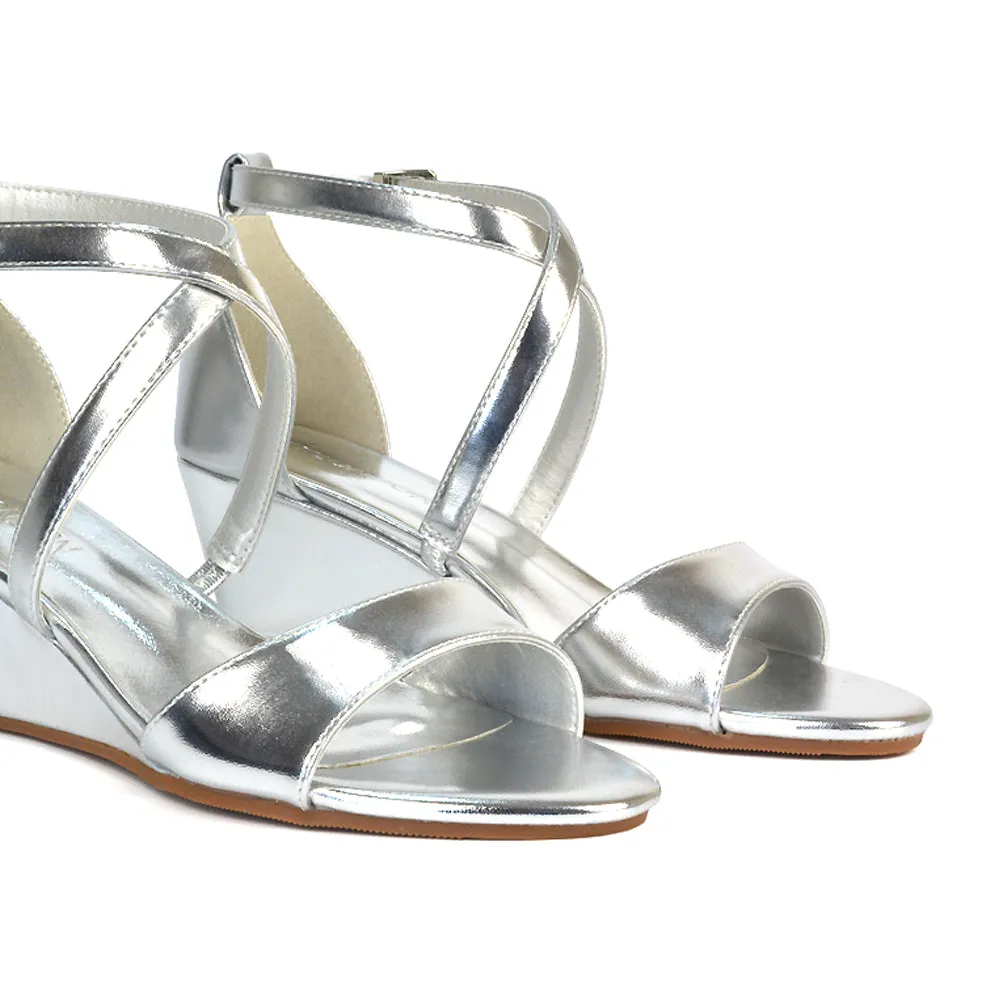 Lily Wedge Heel Ankle Strap Summer Holiday Sandals in Silver Metallic sold by XYlondon product image thumbnail 2
