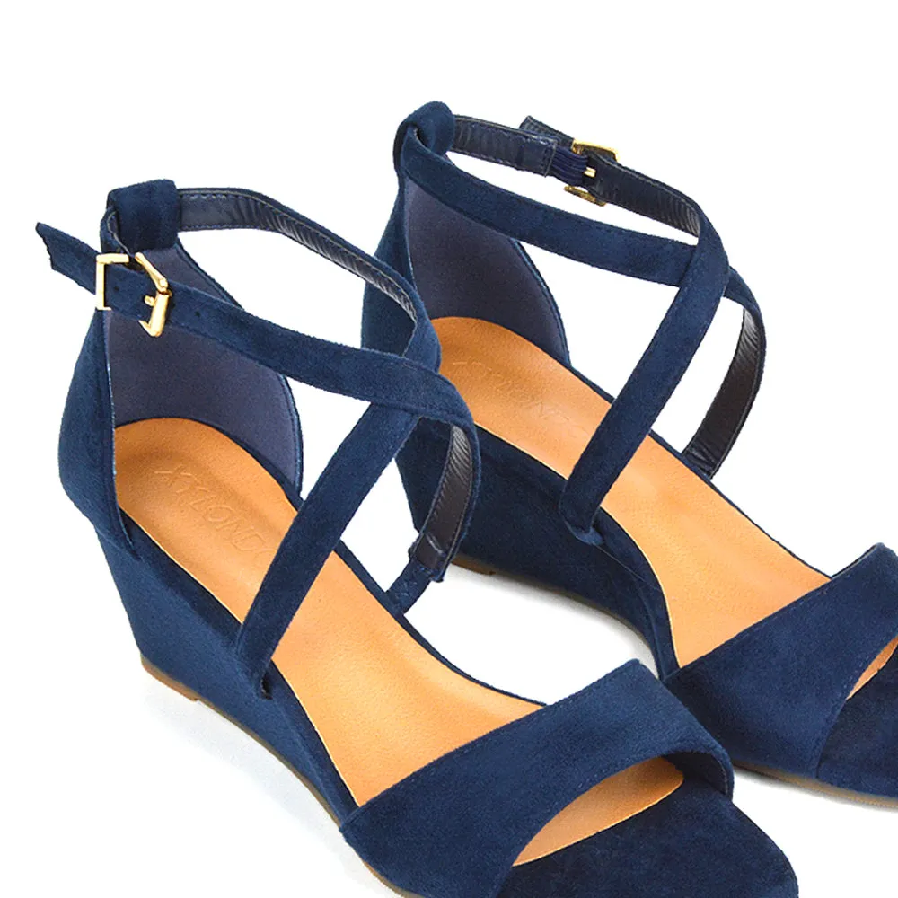 Lily Wedge Heel Ankle Strap Summer Holiday Sandals in Navy Faux Suede sold by XYlondon product image thumbnail 4