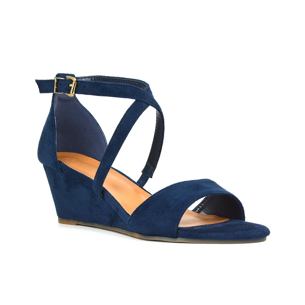 Lily Wedge Heel Ankle Strap Summer Holiday Sandals in Navy Faux Suede sold by XYlondon product image thumbnail 5