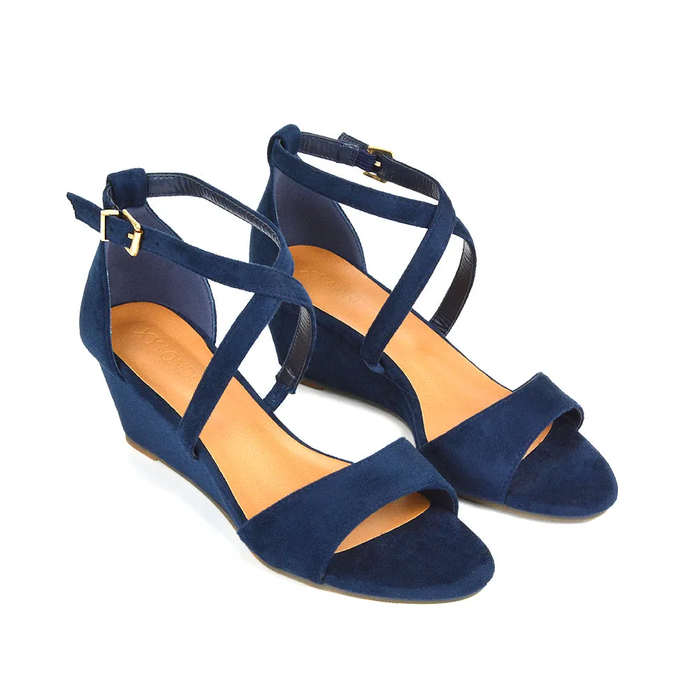 Lily Wedge Heel Ankle Strap Summer Holiday Sandals in Navy Faux Suede sold by XYlondon