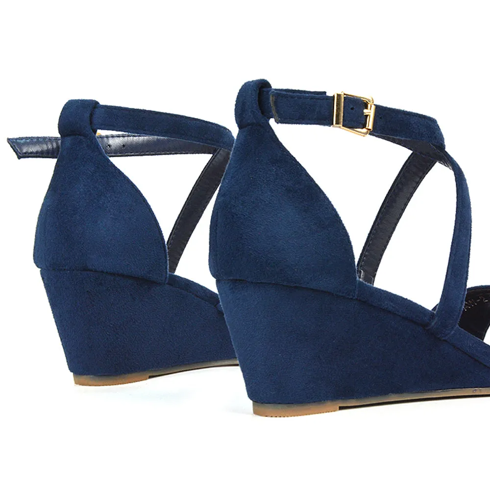 Lily Wedge Heel Ankle Strap Summer Holiday Sandals in Navy Faux Suede sold by XYlondon product image thumbnail 3