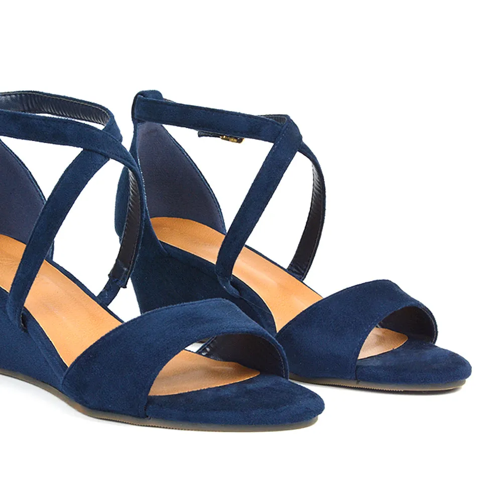 Lily Wedge Heel Ankle Strap Summer Holiday Sandals in Navy Faux Suede sold by XYlondon product image thumbnail 2