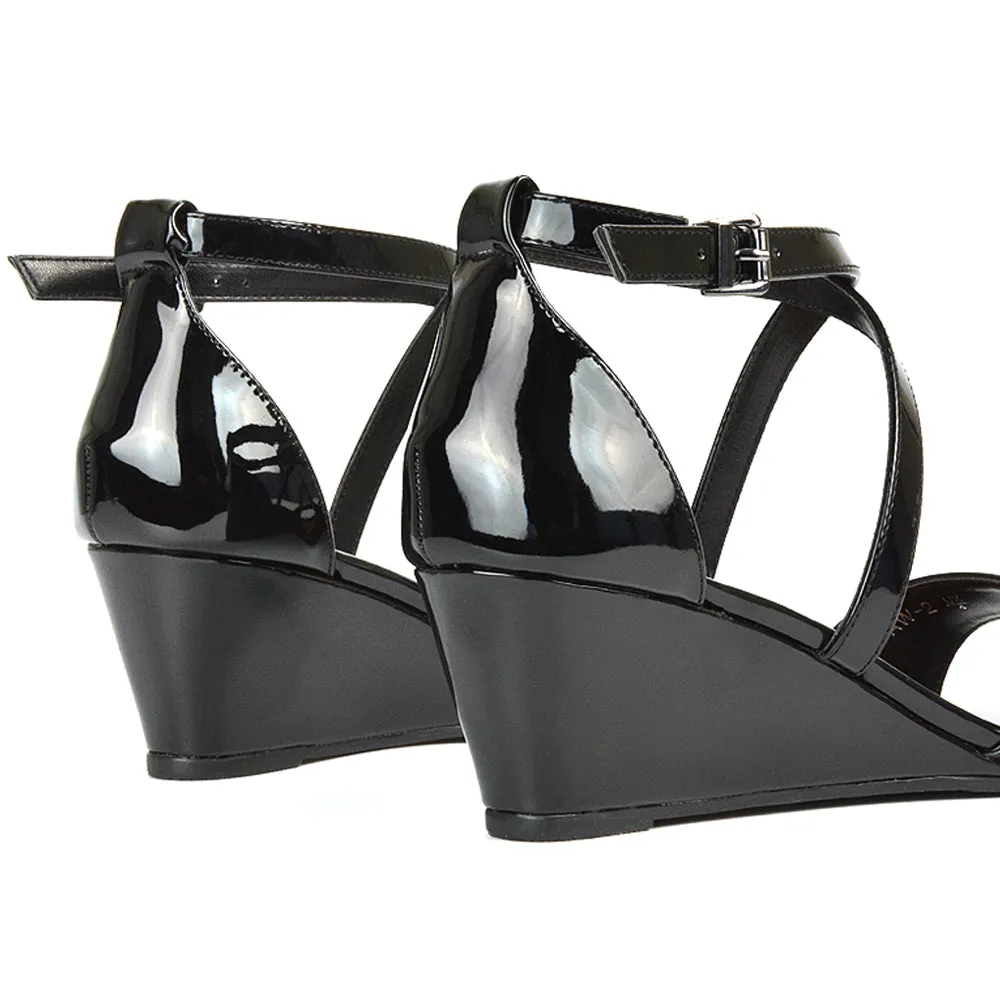 Lily Wedge Heel Ankle Strap Summer Holiday Sandals in Black Patent sold by XYlondon product image thumbnail 3