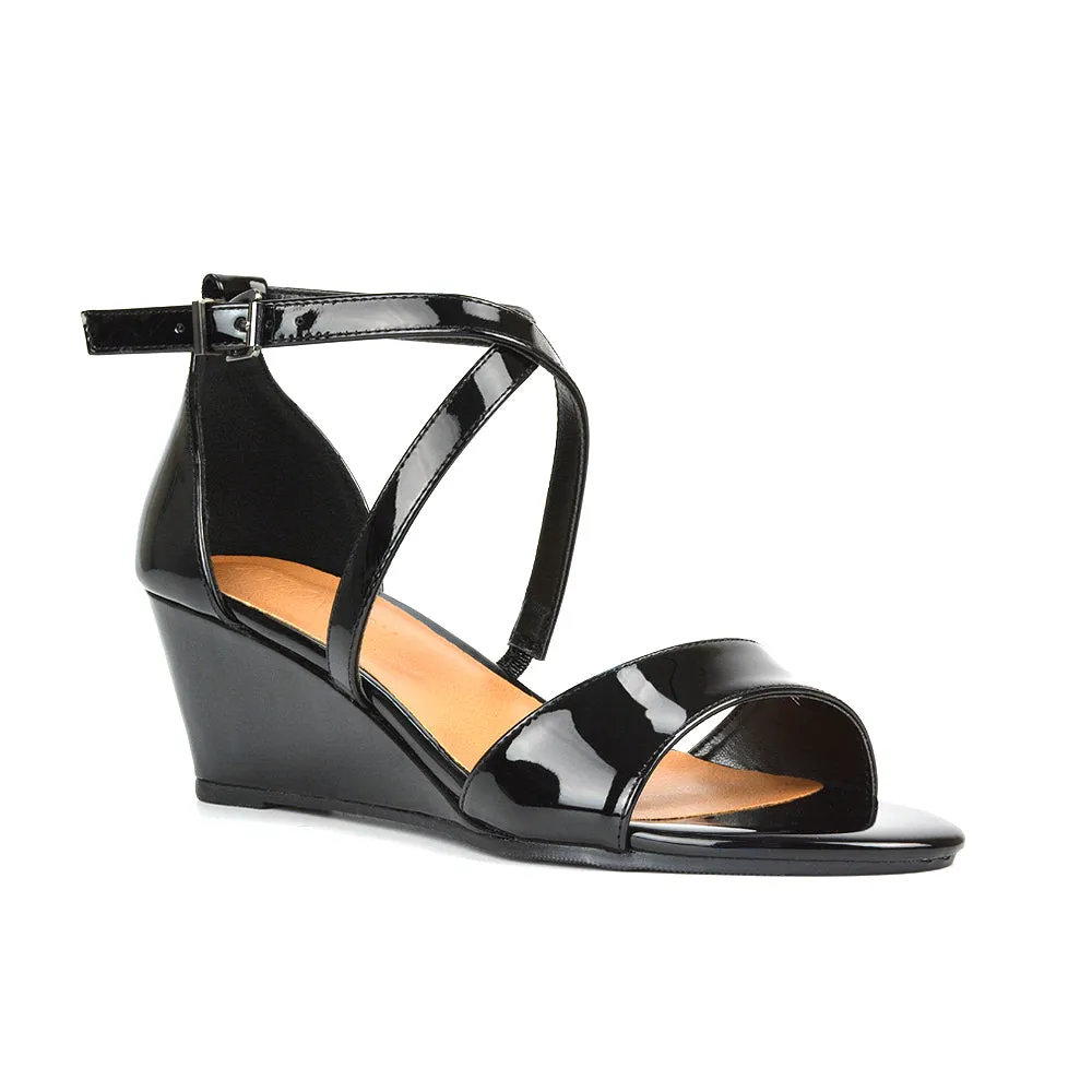 Lily Wedge Heel Ankle Strap Summer Holiday Sandals in Black Patent sold by XYlondon product image thumbnail 5
