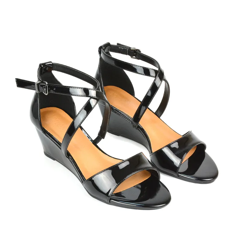 Lily Wedge Heel Ankle Strap Summer Holiday Sandals in Black Patent sold by XYlondon