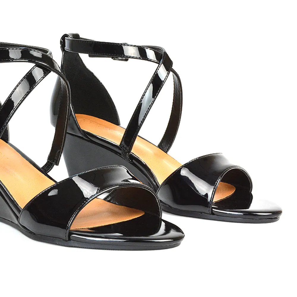 Lily Wedge Heel Ankle Strap Summer Holiday Sandals in Black Patent sold by XYlondon product image thumbnail 2