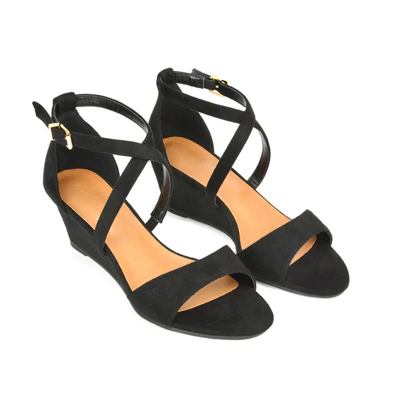 Lily Wedge Heel Ankle Strap Summer Holiday Sandals in Black Faux Suede sold by XYlondon