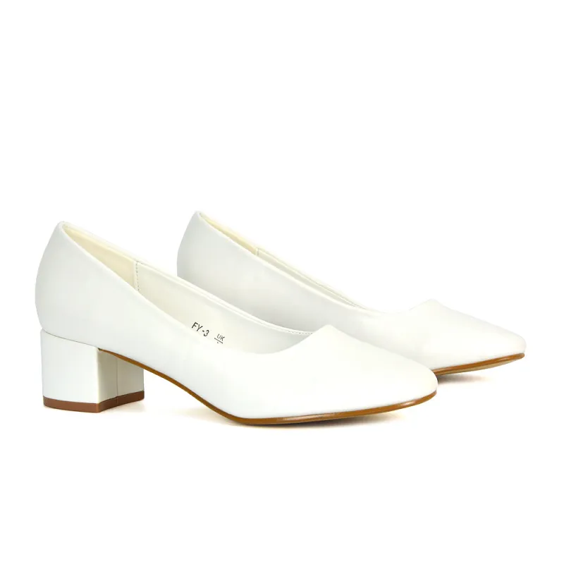 Liberty Low Block Heel Round Toe Slip On Classic Court Shoes in White Synthetic Leather sold by XYlondon