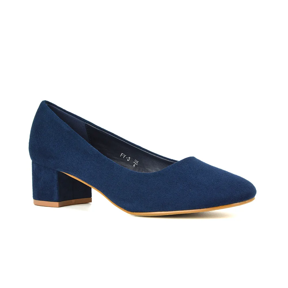 Liberty Low Block Heel Round Toe Slip On Classic Court Shoes in Navy Faux Suede sold by XYlondon product image thumbnail 2