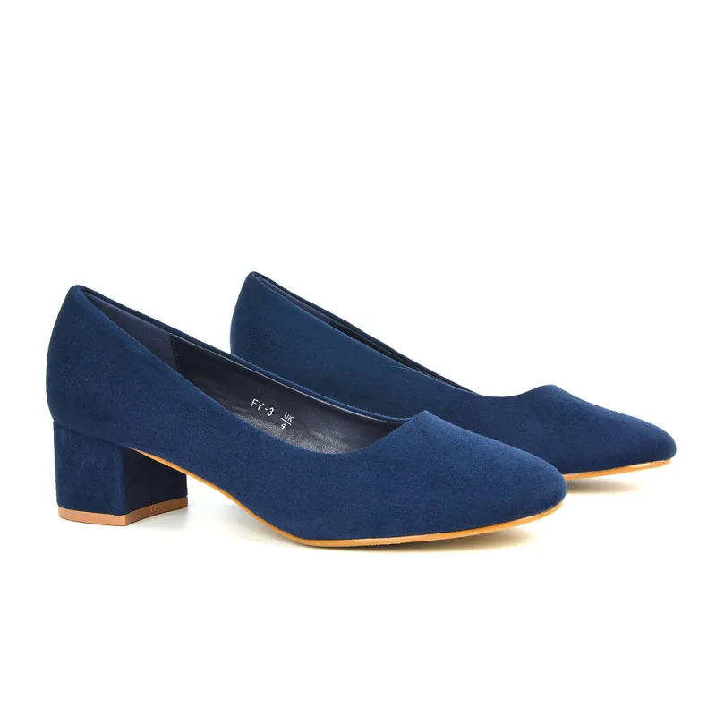 Liberty Low Block Heel Round Toe Slip On Classic Court Shoes in Navy Faux Suede sold by XYlondon