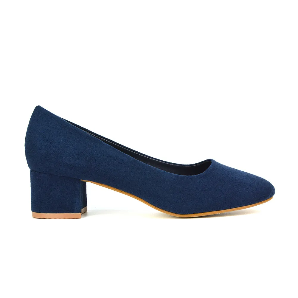 Liberty Low Block Heel Round Toe Slip On Classic Court Shoes in Navy Faux Suede sold by XYlondon product image thumbnail 3