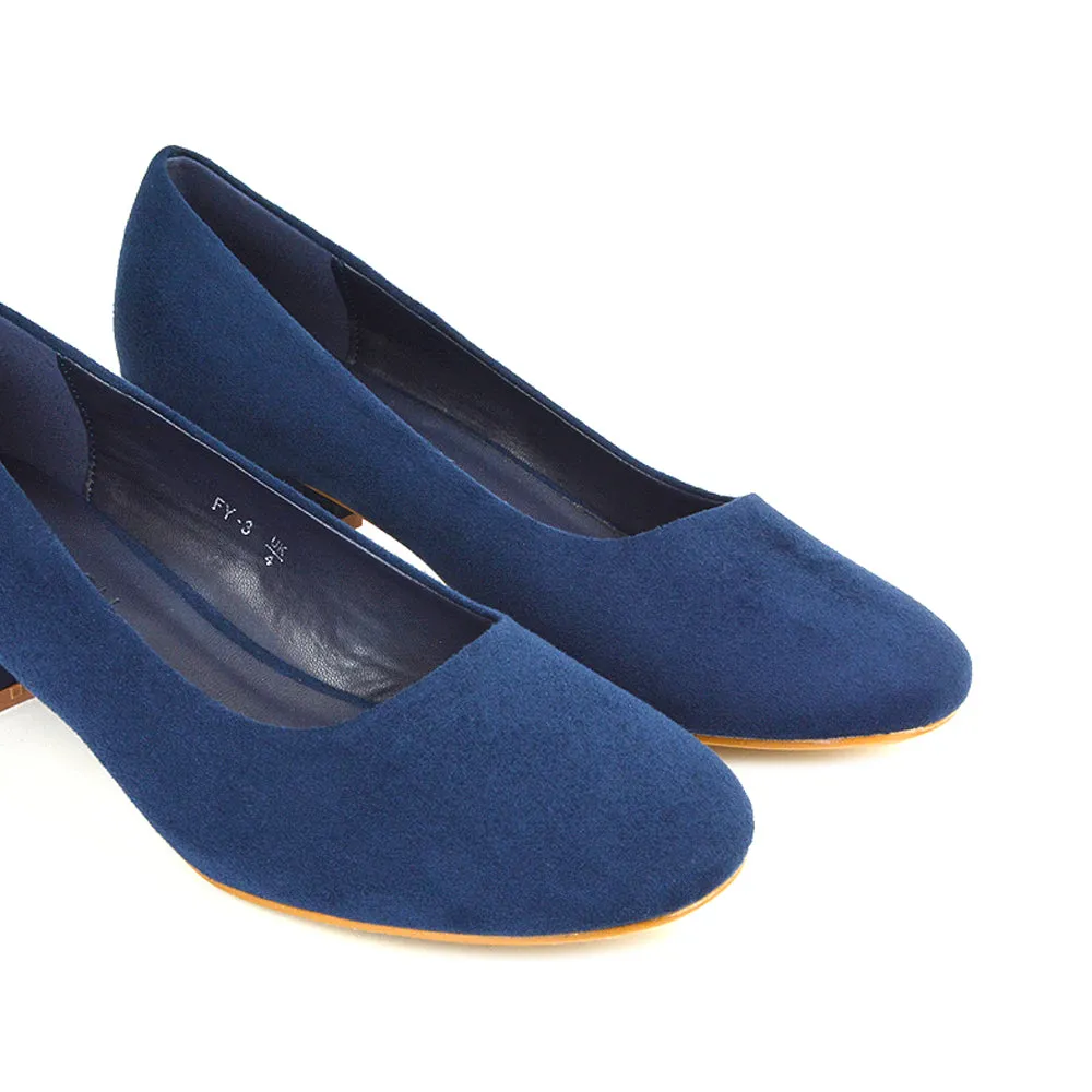 Liberty Low Block Heel Round Toe Slip On Classic Court Shoes in Navy Faux Suede sold by XYlondon product image thumbnail 4