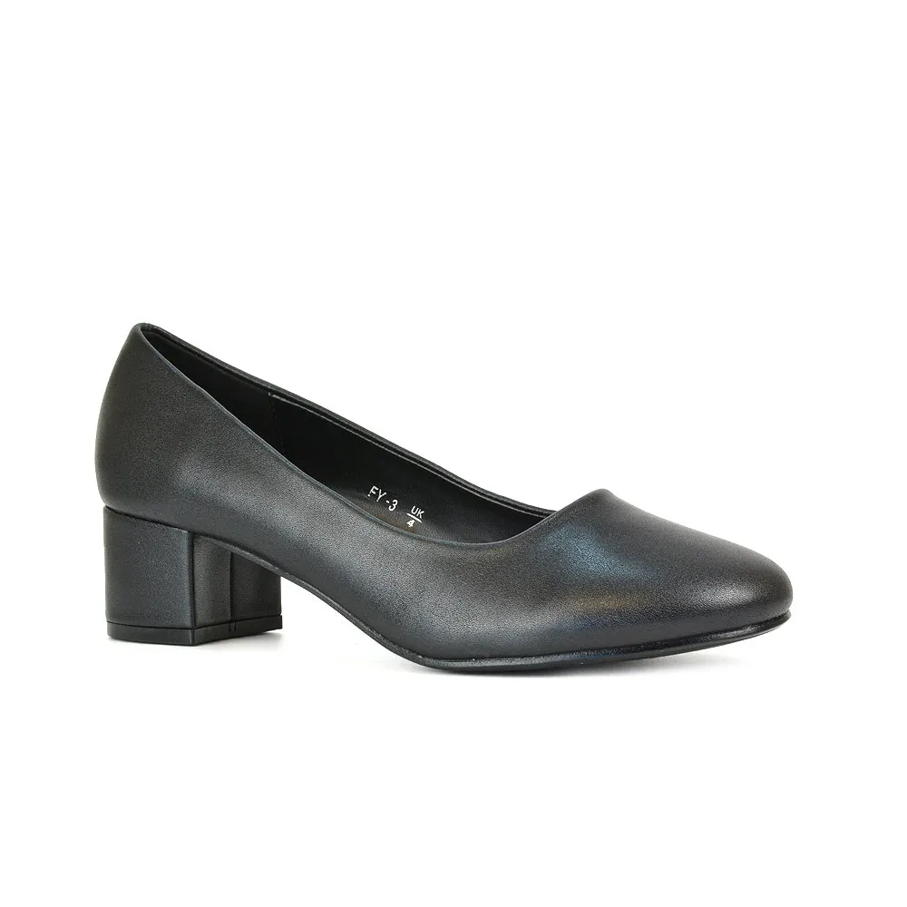 Liberty Low Block Heel Round Toe Slip On Classic Court Shoes in Black Synthetic Leather sold by XYlondon product image thumbnail 2