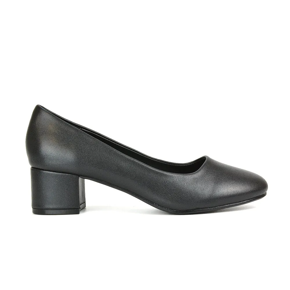 Liberty Low Block Heel Round Toe Slip On Classic Court Shoes in Black Synthetic Leather sold by XYlondon product image thumbnail 3