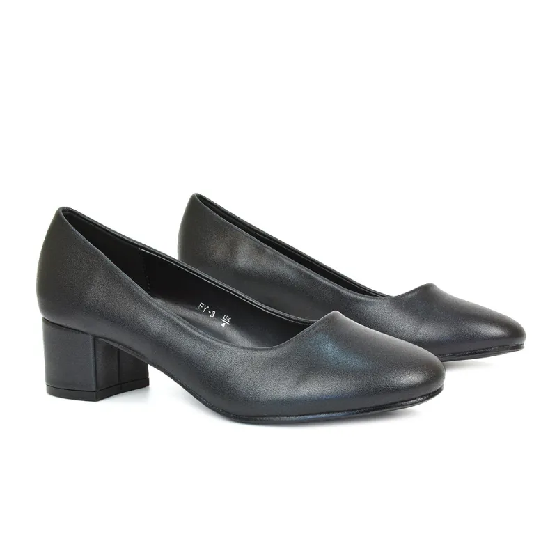 Liberty Low Block Heel Round Toe Slip On Classic Court Shoes in Black Synthetic Leather sold by XYlondon
