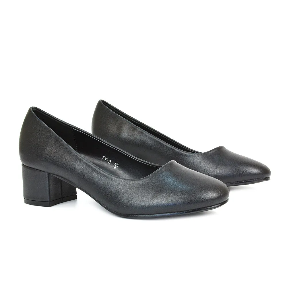 Liberty Low Block Heel Round Toe Slip On Classic Court Shoes in Black Synthetic Leather sold by XYlondon