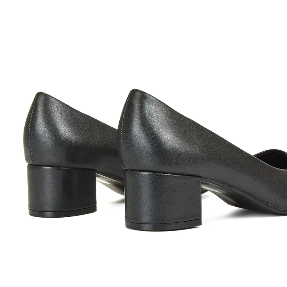 Liberty Low Block Heel Round Toe Slip On Classic Court Shoes in Black Synthetic Leather sold by XYlondon product image thumbnail 5