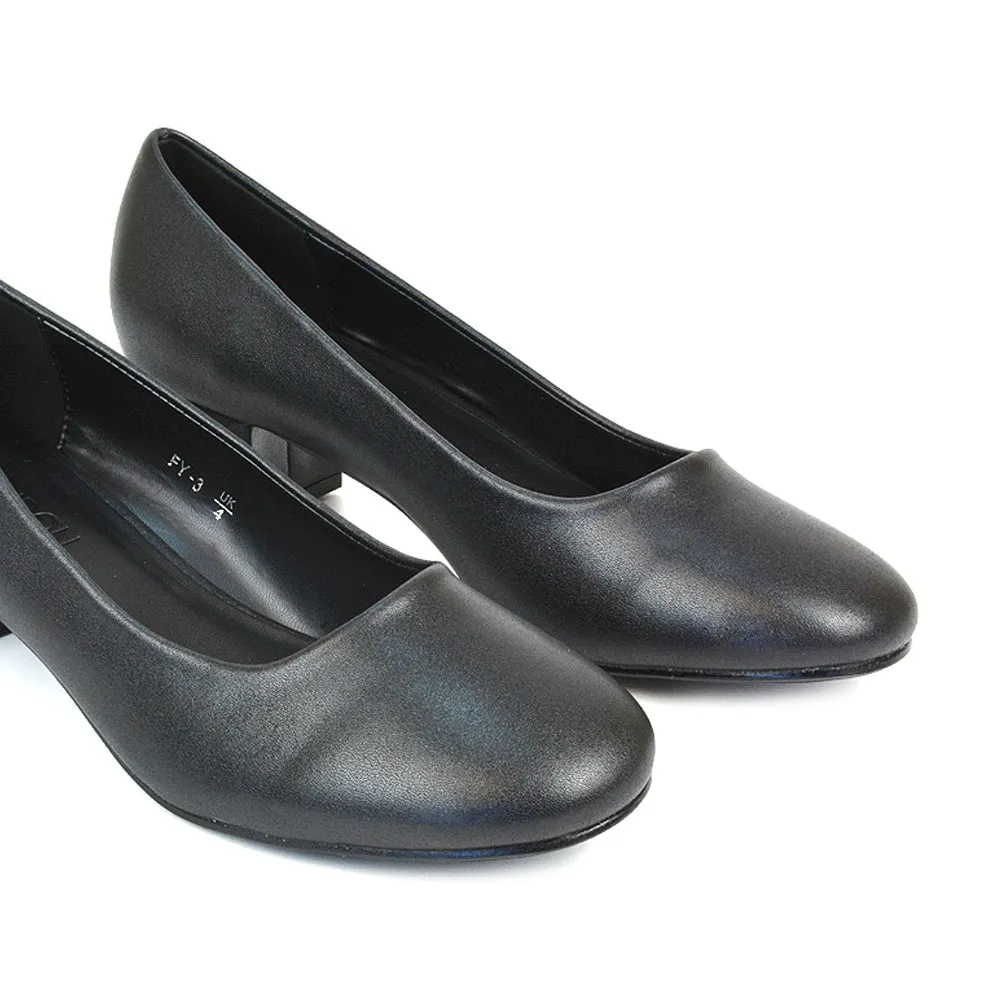 Liberty Low Block Heel Round Toe Slip On Classic Court Shoes in Black Synthetic Leather sold by XYlondon product image thumbnail 4