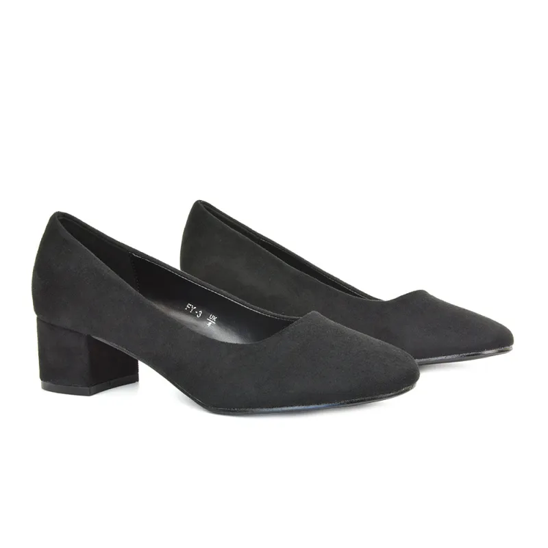 Liberty Low Block Heel Round Toe Slip On Classic Court Shoes in Black Faux Suede sold by XYlondon