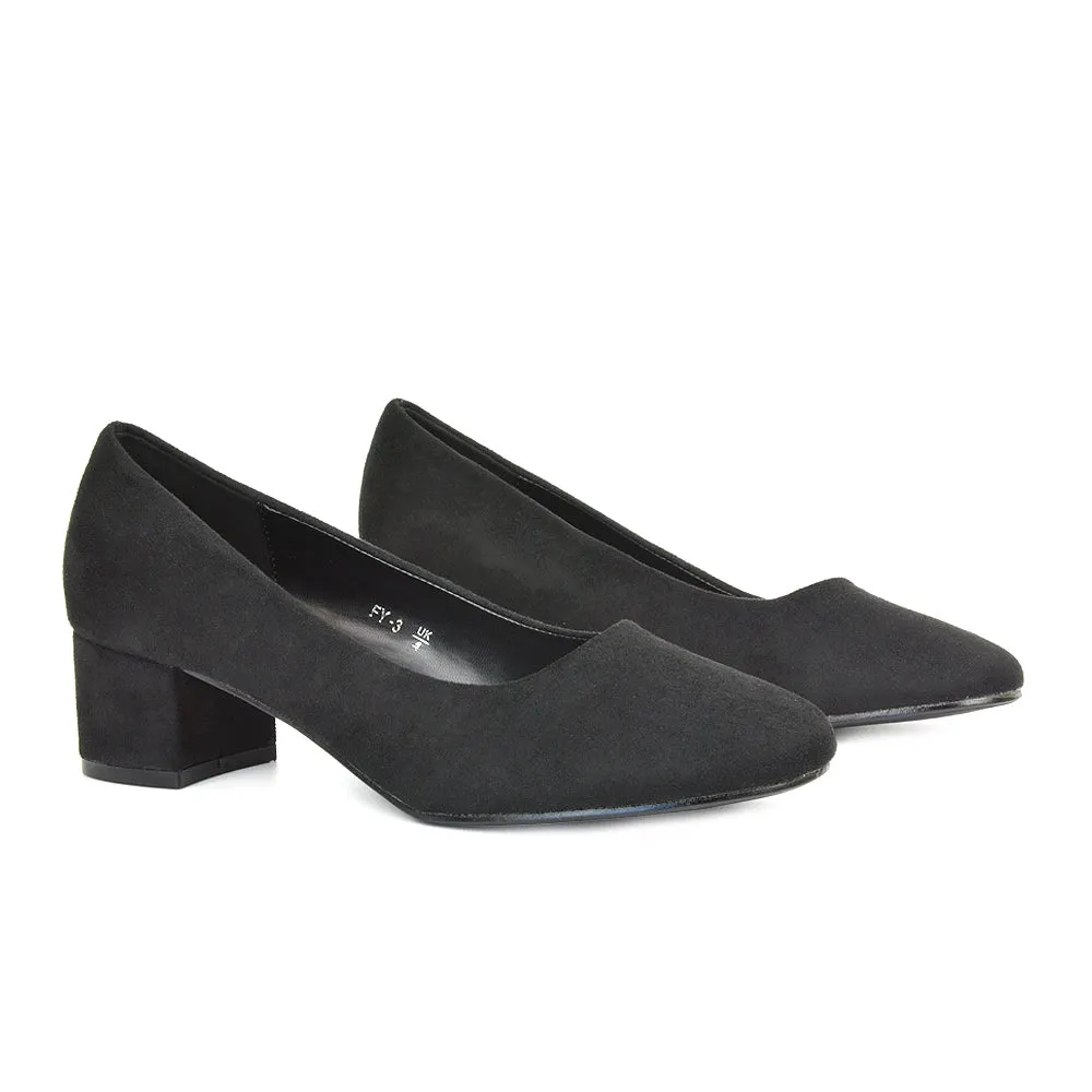 Liberty Low Block Heel Round Toe Slip On Classic Court Shoes in Black Faux Suede sold by XYlondon