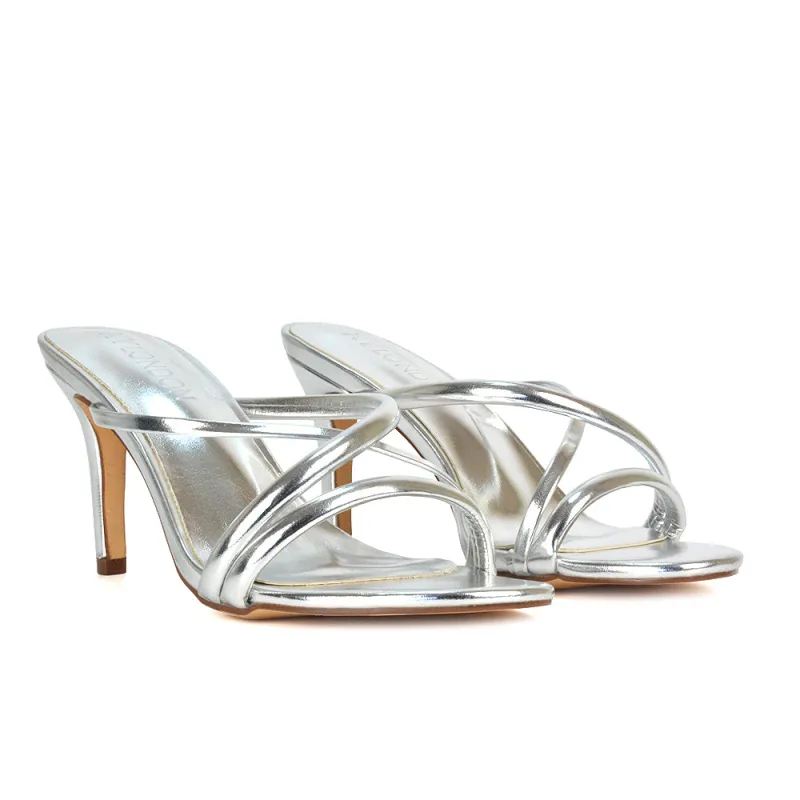 Angie Slip On Mid Heel Stiletto Mule Women's Heeled Sandals For Holiday in Silver Metallic sold by XYlondon